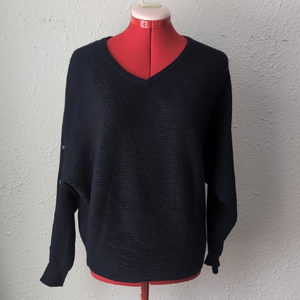 Catherine Malandrino Navy V-Neck Batwing Sweater Sleeve Buttons Women's Medium